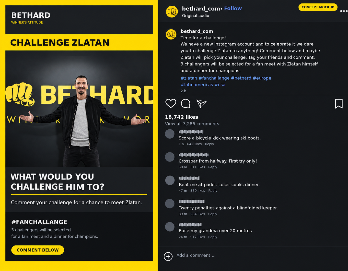 Konceptmockup av Bethards Instagram-inlägg Challenge Zlatan med kommentarsflöde