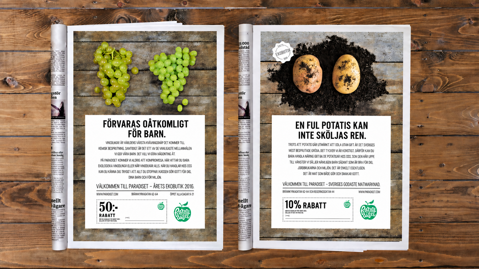 Två Paradiset-printannonser med druvor och potatis i jord